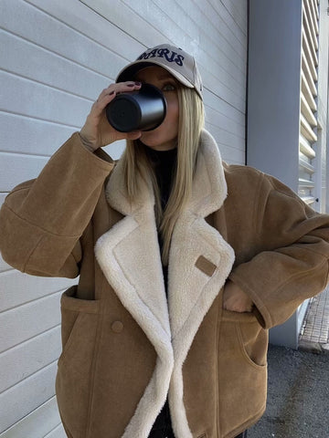 Women’s Coat – Oversized Fit – Fleece Lined – Suede-Look – Notched Lapel – Mid Hip Length