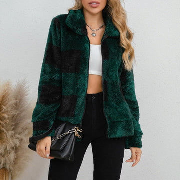 Women’s Jacket – Oversized Fit – Faux Shearling – Plaid Pattern – Zipper Front – Collared