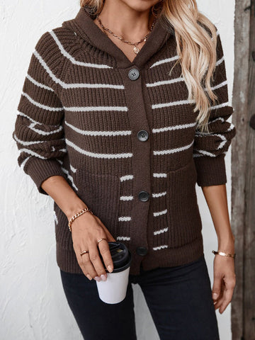 Women’s Hooded Cardigan Sweater – Knit – Relaxed Fit – Button Front – Striped Casual