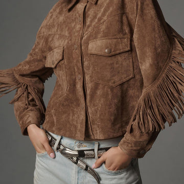 Women’s Cropped Jacket – Suede Feel – Relaxed Fit – Fringe Trim – Western Style
