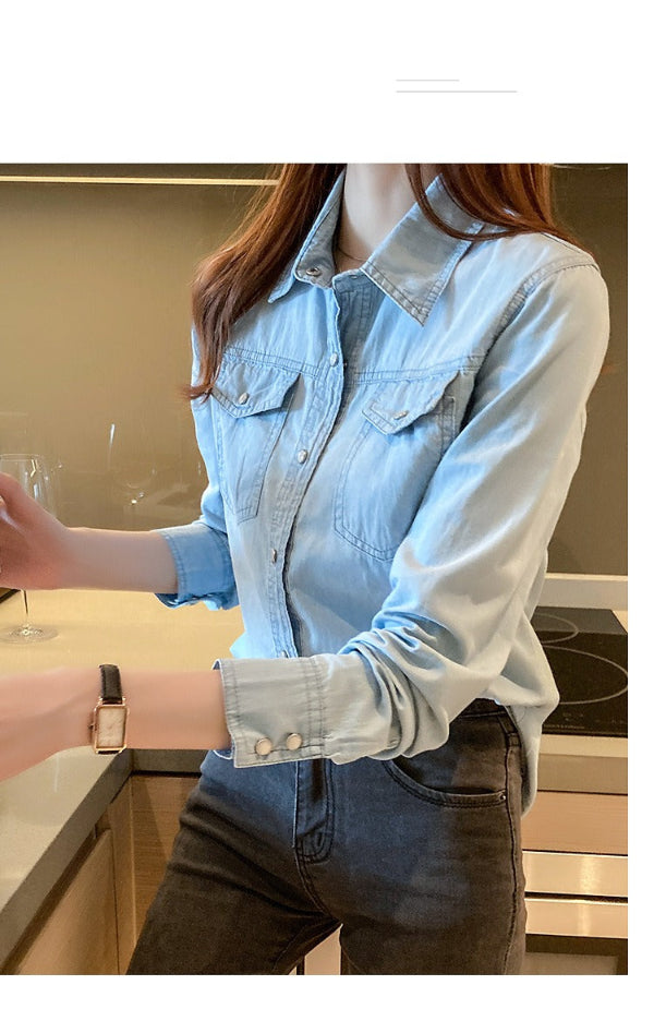 Women’s Denim Shirt – Slim Fit – Button Down – Long Sleeve with Chest Pockets