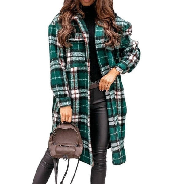 Women’s Checkered Jacket – Wool Blend – Oversized Fit – Knee Length – Button Front
