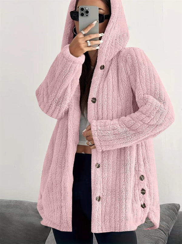 Women’s Hooded Plush Coat – Loose Fit – Button Front – Long Sleeve Soft Texture