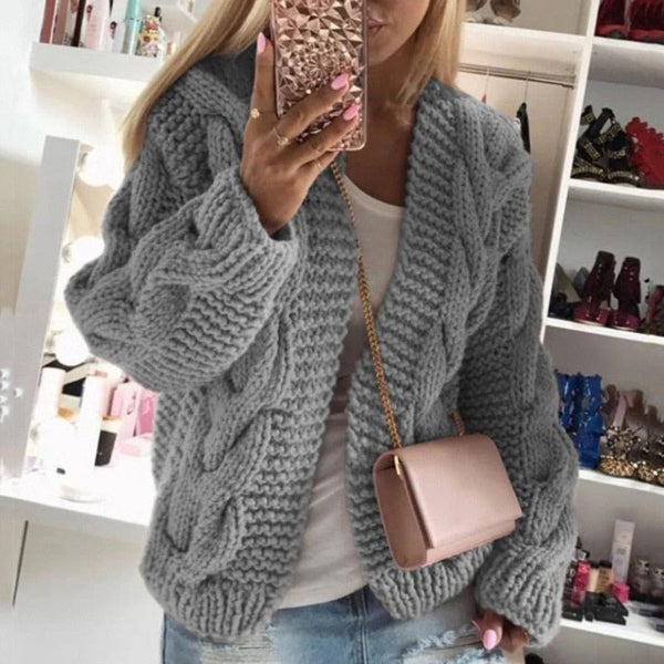 Women’s Cardigan – Wool Knit – Oversized Fit – Cable Pattern – Open Front – Long Sleeve