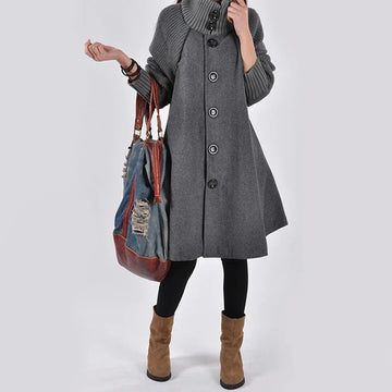 Women’s Wool Coat – A-Line Fit – High Ribbed Collar – Button Front – Knee Length