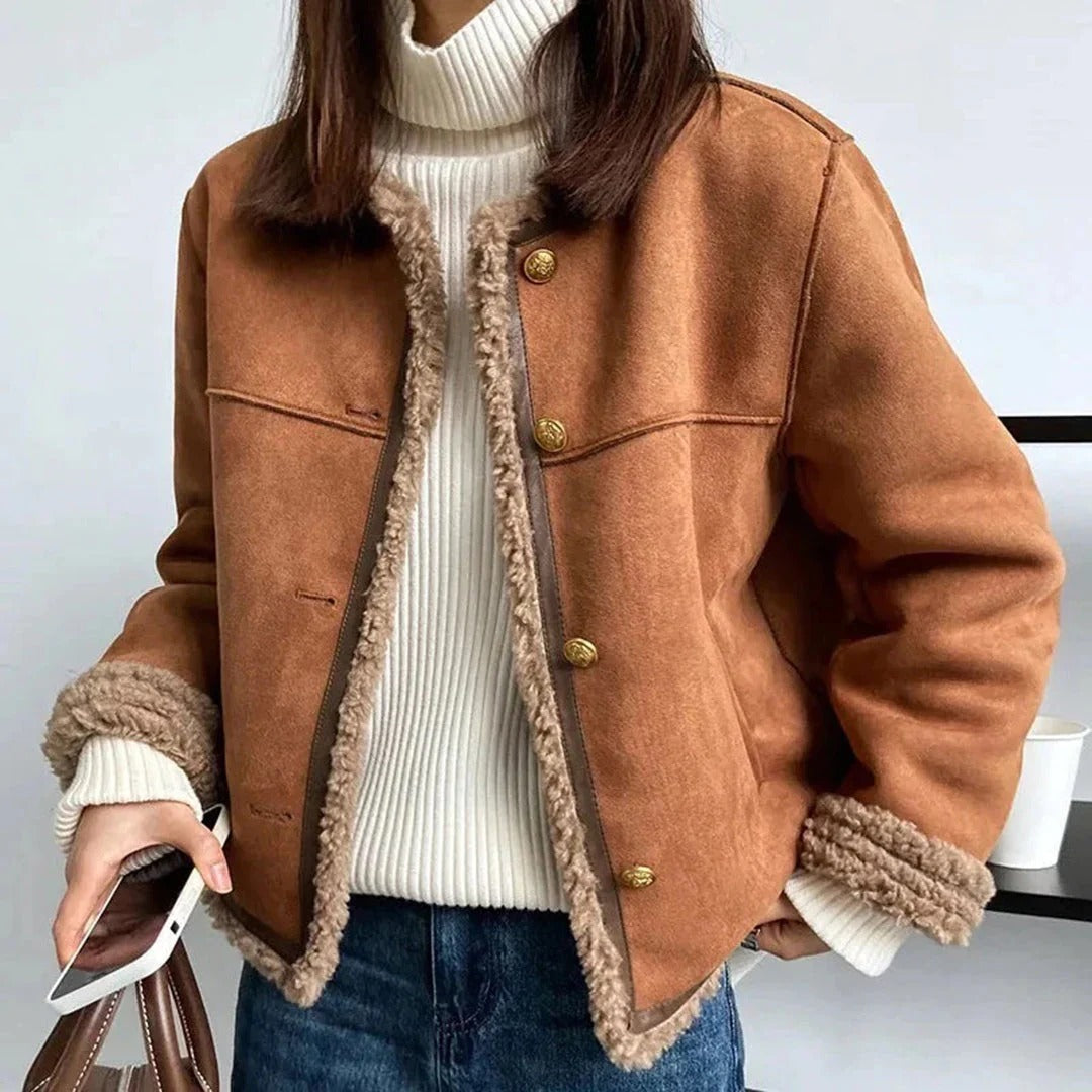 Women’s Coat – Faux Suede – Shearling Trim – Relaxed Fit – Button Front – Waist Length