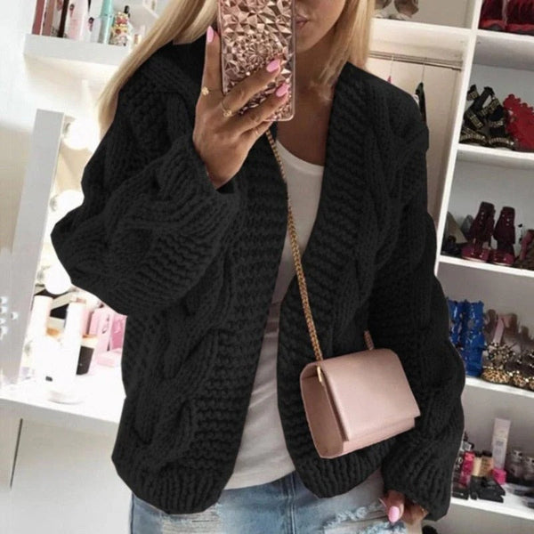 Women’s Cardigan – Wool Knit – Oversized Fit – Cable Pattern – Open Front – Long Sleeve