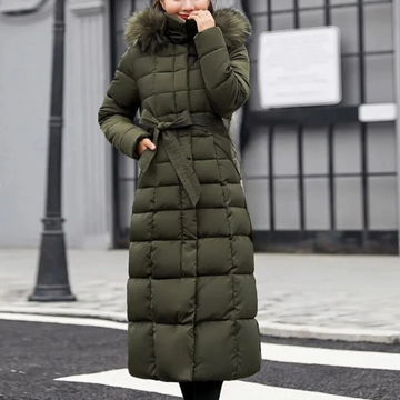 Women’s Quilted Coat – Long Insulated Fit – Belted Waist – Fur Trim Hood