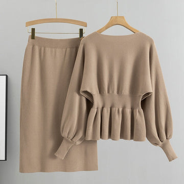 Women’s Two-Piece Set – Ribbed Knit Sweater Peplum Top – Slim Fit Midi Skirt