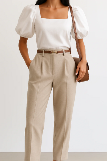 Women’s Tailored Trousers – High Rise Waist – Straight Tapered Fit – Belted Pleated Front