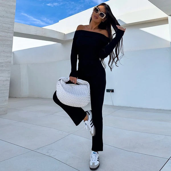 Women’s Jumpsuit – Slim Fit – Off-Shoulder – Knit Stretch Fabric – Flared Leg – Full Length