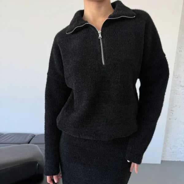 Women’s Pullover Sweater – Loose Fit – Wool Blend – Half Zip Mock Neck – Hip Length