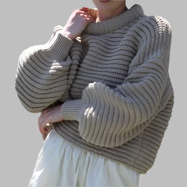 Women’s Knit Sweater – Oversized Fit – High Collar – Ribbed Wool Texture – Casual Style