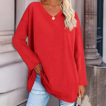 Women’s Long Sleeve Shirt – Cotton Feel – Oversized Fit – V-Neck Casual Style