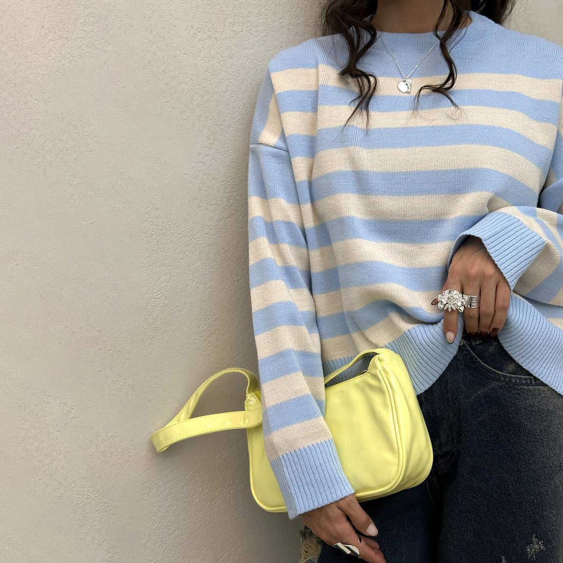 Women’s Pullover Sweatshirt – Loose Fit – Striped Knit – Ribbed Hem and Cuffs
