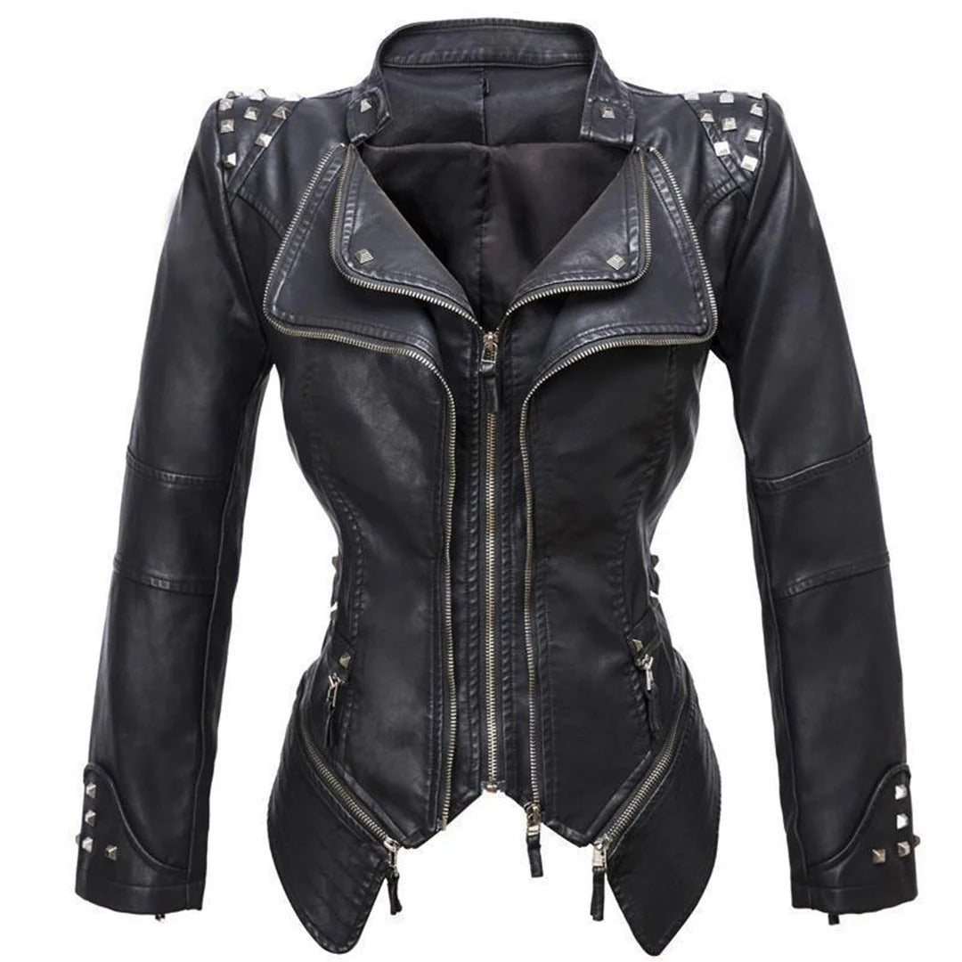 Women’s Biker Jacket – Slim Fit – Studded Shoulders – Leather Look – Zip Details