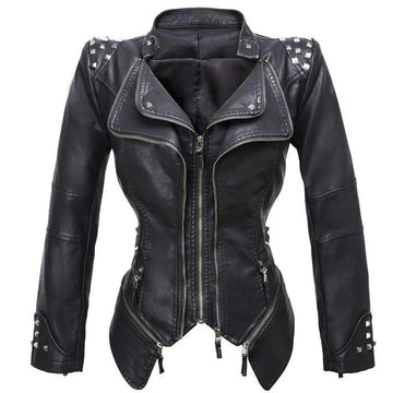 Women’s Biker Jacket – Slim Fit – Studded Shoulders – Leather Look – Zip Details