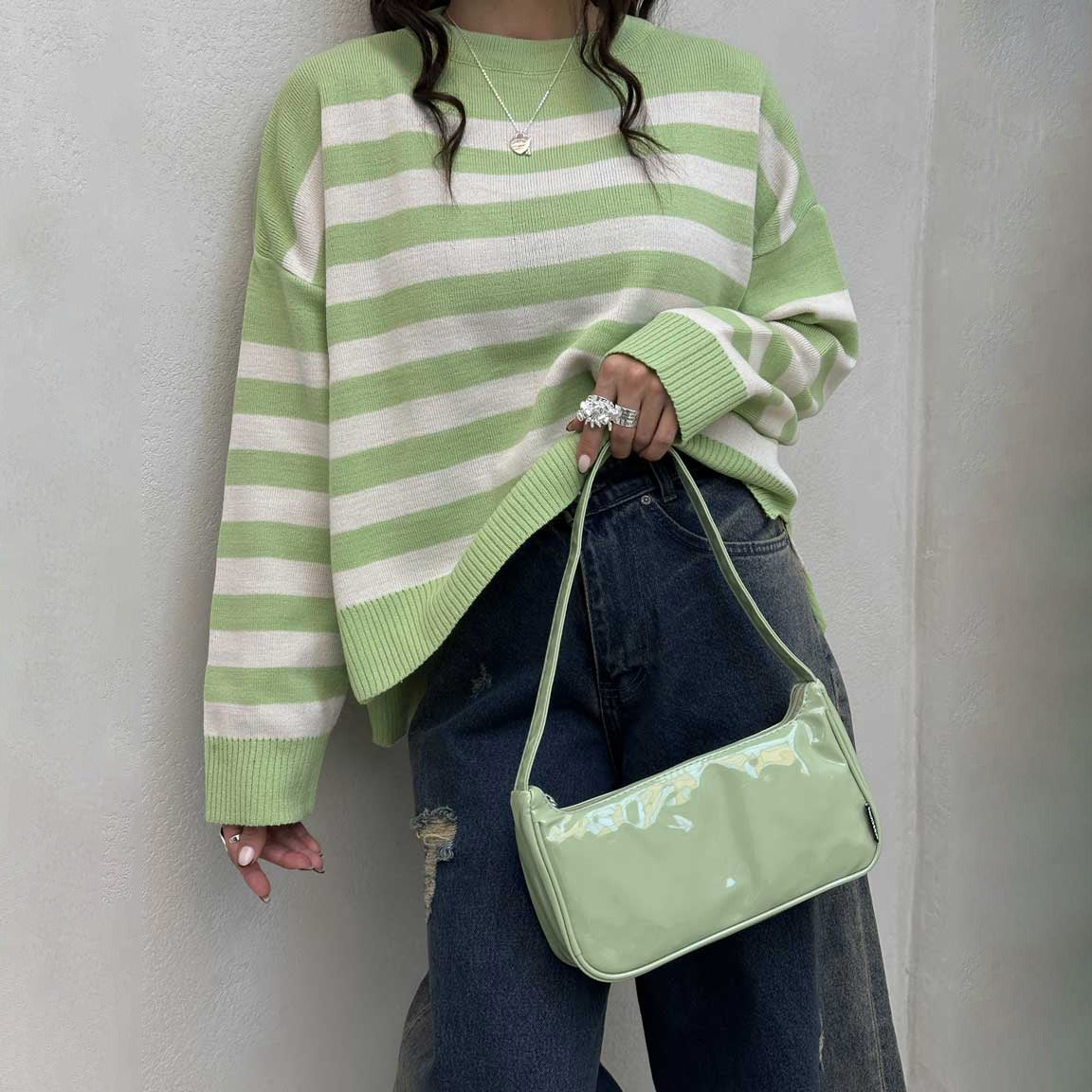 Women’s Pullover Sweatshirt – Loose Fit – Striped Knit – Ribbed Hem and Cuffs