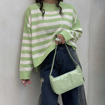 Women’s Pullover Sweatshirt – Loose Fit – Striped Knit – Ribbed Hem and Cuffs