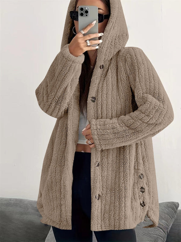 Women’s Hooded Plush Coat – Loose Fit – Button Front – Long Sleeve Soft Texture