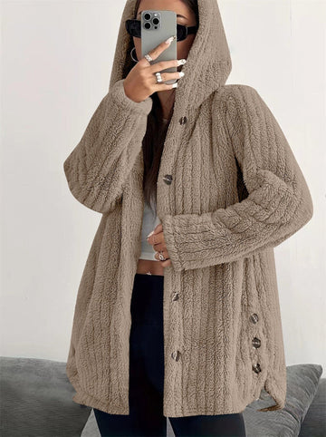 Women’s Hooded Plush Coat – Loose Fit – Button Front – Long Sleeve Soft Texture