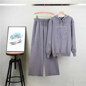Women’s Knit Lounge Set – Hooded Oversized Sweater – Wide-Leg Drawstring Pants