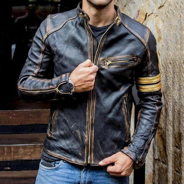 Men’s Bomber Jacket – Slim Fit – Leather Look – Zipper Front – Arm Patch – Chest Pocket