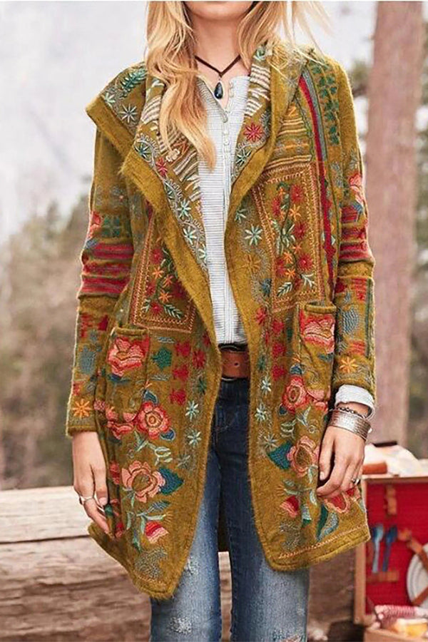 Women’s Tailored Coat – Relaxed Fit – Embroidered Wool – Open Front – Mid Length