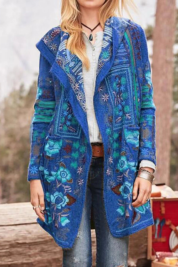 Women’s Tailored Coat – Relaxed Fit – Embroidered Wool – Open Front – Mid Length