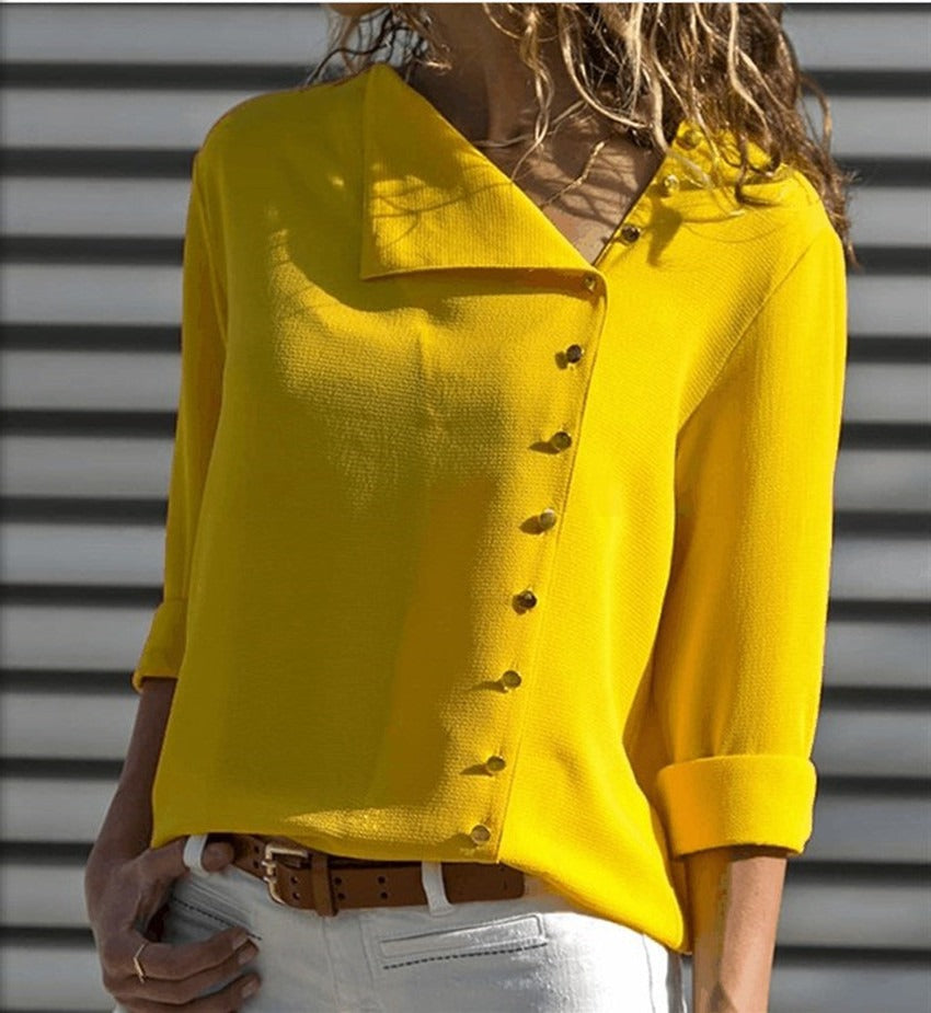 Women’s Shirt Top – Loose Fit – Asymmetrical Button Front – Long Sleeve Casual Style