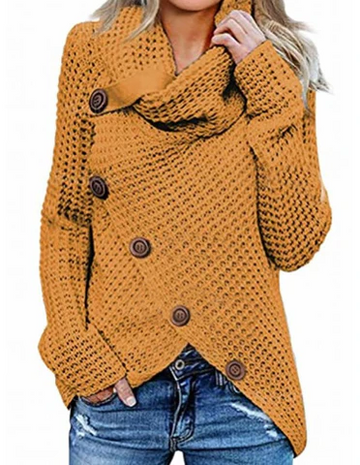 Women’s Sweater – Relaxed Fit – Waffle Knit – Cowl Neck – Button Front – Hip Length