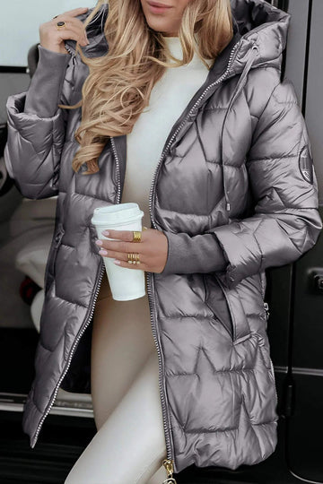 Women’s Quilted Coat – Relaxed Fit – Water-Resistant – Mid-Length with Hood & Pockets