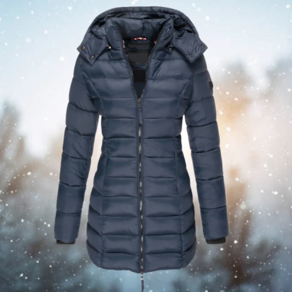 Women’s Long Puffer Jacket – Slim Fit – Quilted – Water-Resistant – Detachable Hood