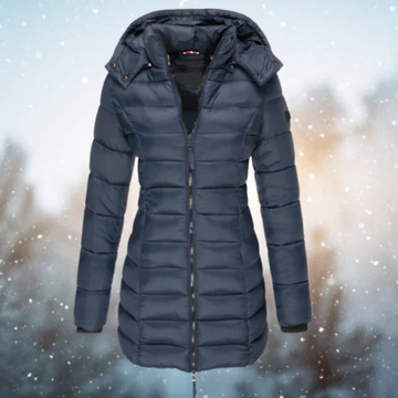 Women’s Long Puffer Jacket – Slim Fit – Quilted – Water-Resistant – Detachable Hood