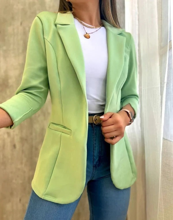 Women’s Blazer – Tailored Fit – Notched Lapel – 3/4 Sleeve – Flap Pockets – Hip Length