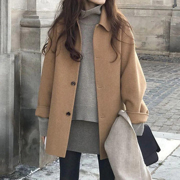 Women’s Wool Jacket – Relaxed Fit – Hip Length – Button Front – Cuffed Sleeves