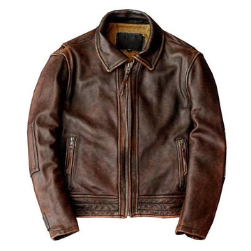 Men’s Leather Jacket – Standard Fit – Classic Collar – Zipper Closure – Distressed Finish