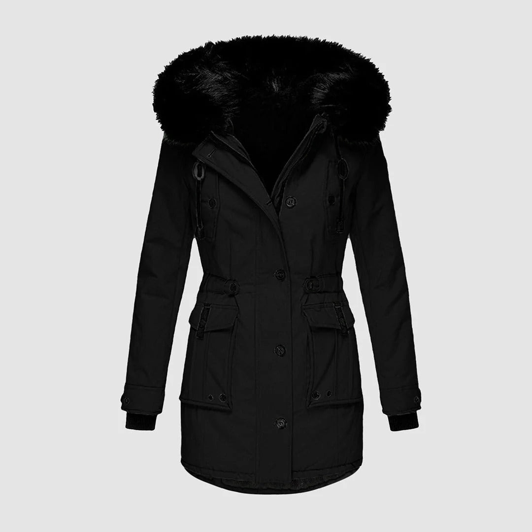Women’s Long Coat – Tailored Fit – Faux Fur Hood – Waist Belt – Button Front