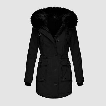 Women’s Long Coat – Tailored Fit – Faux Fur Hood – Waist Belt – Button Front