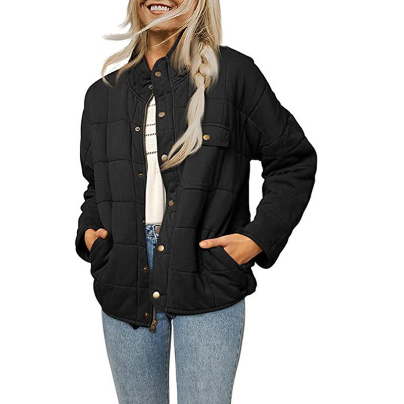 Women’s Quilted Jacket – Loose Fit – Stand Collar – Button Front – Side Pockets