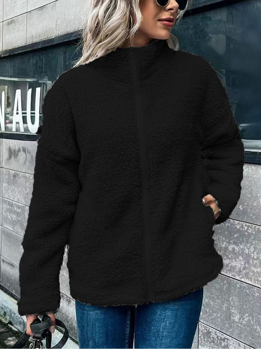Women’s Fleece Coat – Oversized Fit – Wool Blend – Stand Collar – Zip Front