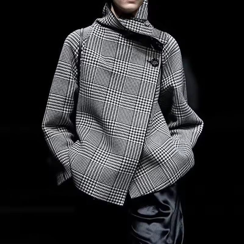 Women’s Coat – Oversized Wool Blend – Plaid Pattern – Asymmetric Front – Button Closure