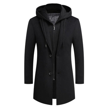 Men’s Coat – Wool Blend – Tailored Fit – Detachable Hood – Mid-Length Smart Style