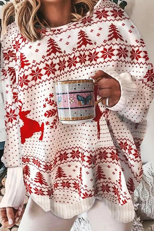 Women’s Sweater – Oversized Fit – Knitted Fabric – Crew Neck – Festive Reindeer Print