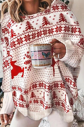 Women’s Sweater – Oversized Fit – Knitted Fabric – Crew Neck – Festive Reindeer Print