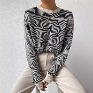 Women’s Knit Pullover – Relaxed Fit – High Neck – Ribbed Cuffs – Wavy Pattern