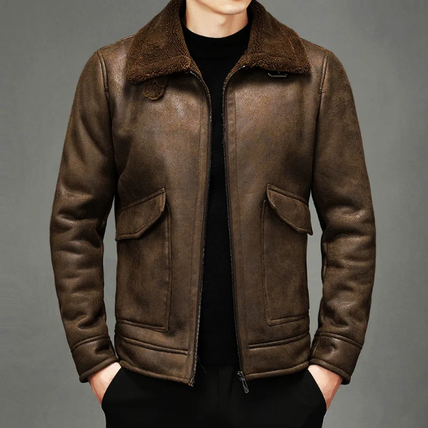 Men’s Leather Jacket – Regular Fit – Shearling Collar – Zip Closure – Vintage Style