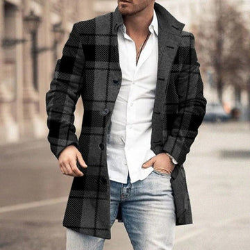 Men’s Coat – Tailored Fit – Mid-Thigh Length – Wool Blend – Plaid – Button Front