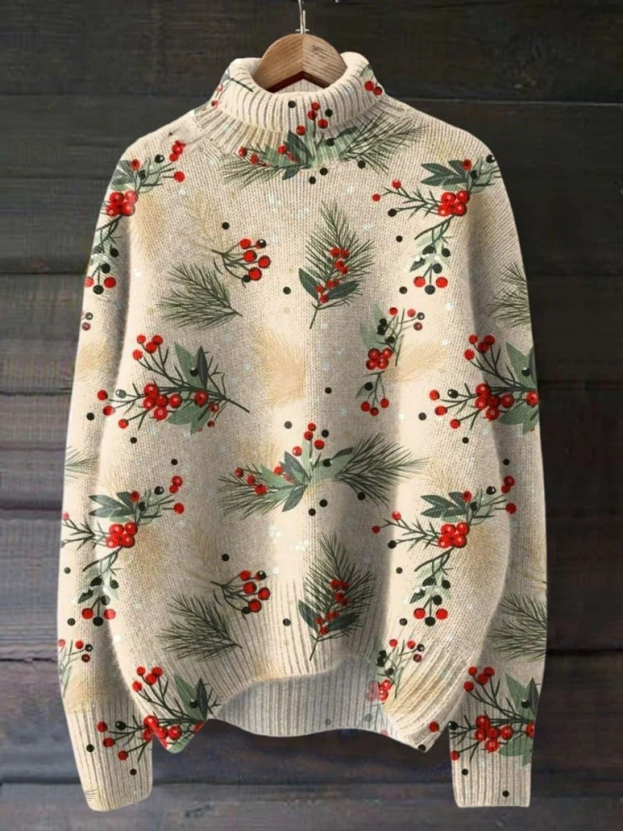 Women’s Turtleneck Sweater – Wool Knit – Relaxed Fit – Ribbed Trim – Festive Botanical Print