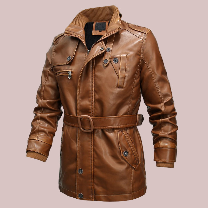 Men’s Leather Jacket – Regular Fit – Dual-Layer Collar – Belted Waist – Snap Closure
